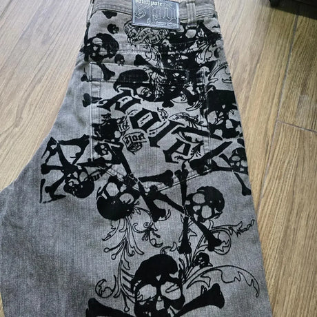 Retro southpole jeans skull watermark loose jeans men women y2k harajuku gothic hip hop skateboard pants street wear mom jeans - Lootquake