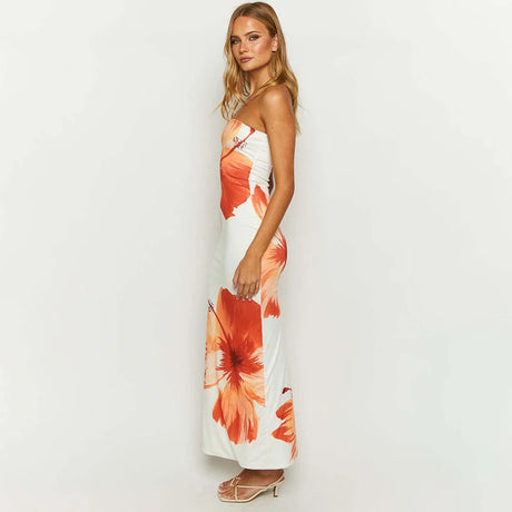 CUTENOVA Women's 2024 New Flower Printed Tubeless Dress Casual Vacation Off Shoulder Slim Beach Floor Length Long Dress - Lootquake