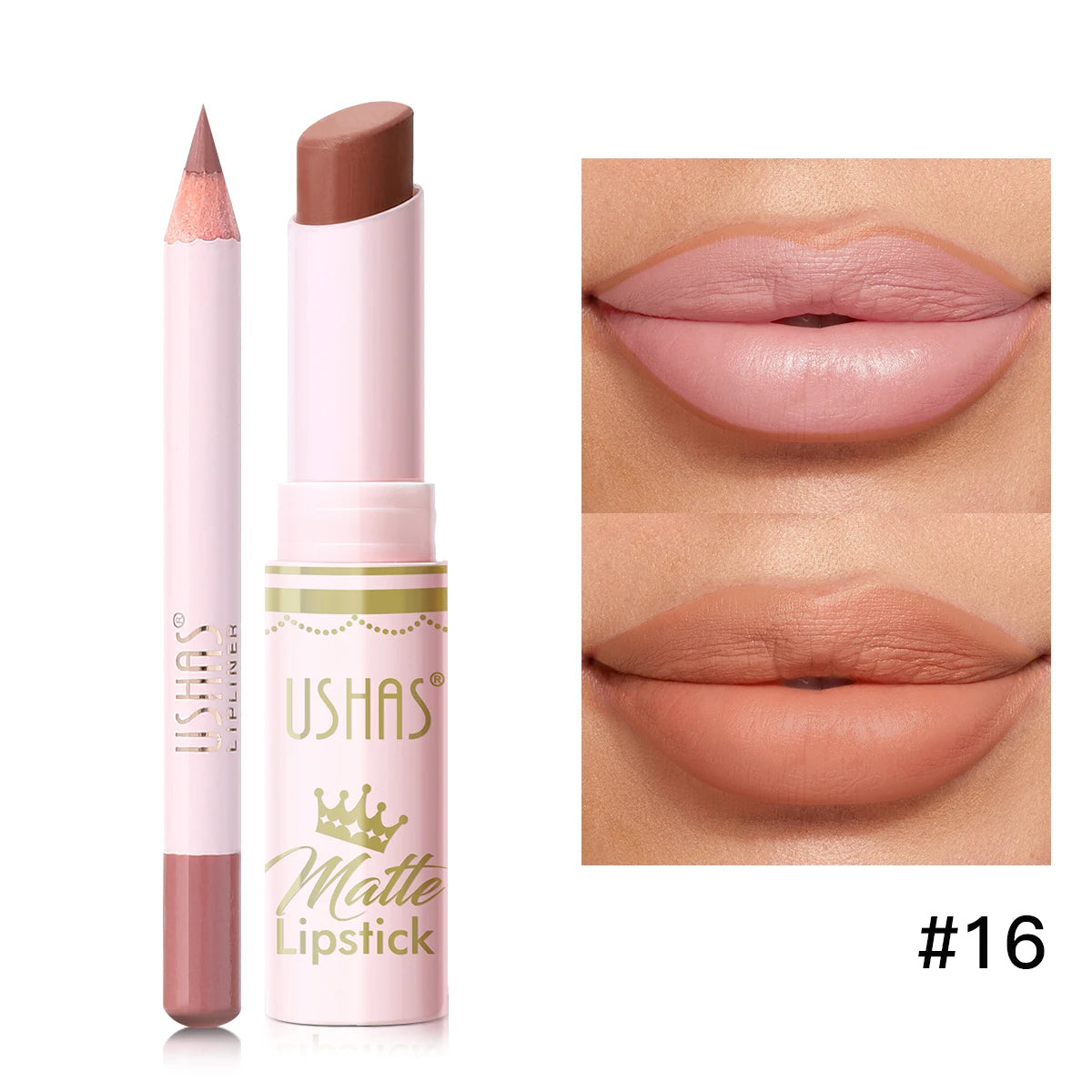 USHAS,Lipstick + lip liner set, matte finish, waterproof, long-lasting and non-staining, velvet nude lip gloss