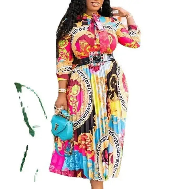 2024 Spring Summer New Cross-border Wishdress Women's Clothing Artistic Printing Plenty Folds Seven-half Sleeves Long Dress - Lootquake
