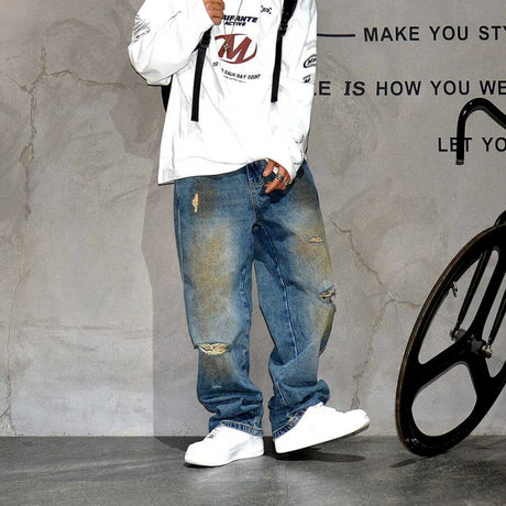 American Vintage Baggy Jeans Mens Clothing High Quality Korean Hip Hop Ripped Jeans Streetwear Skateboard Denim Pants Trousers - Lootquake