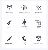 Enceinte Bluetooth portable avec chargement sans fil, lumière d'ambiance, fonction réveil, double haut-parleur, chargement USB