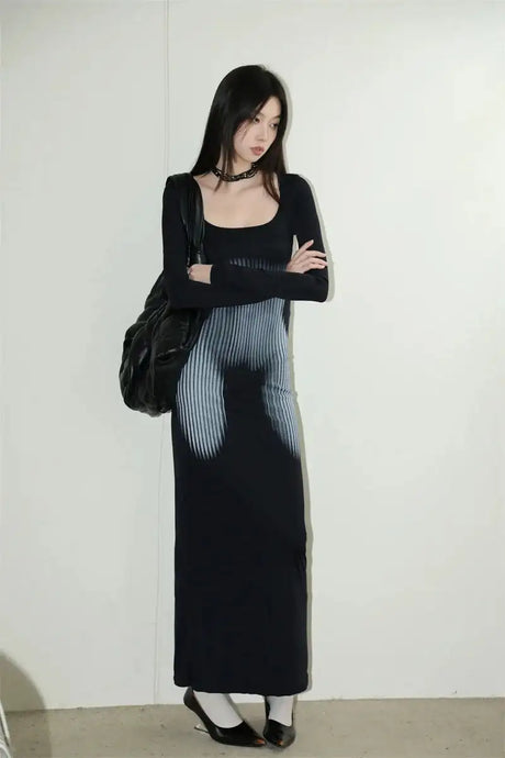 Y2K Sexy Long Sleeved Print Design Long Dress Elegant Slim Square Necked Dress Woman Street Style Wrapped Hip Skirt - Lootquake