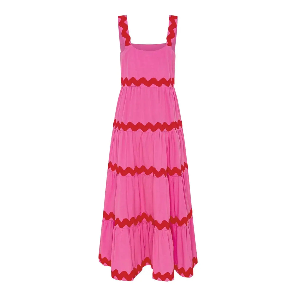 Spaghetti Strap Wave Striped Long Dress Women Square Neck Chic Contrast Sleeveless Beach Dress Flowy Large Swing Maxi Dress - Lootquake