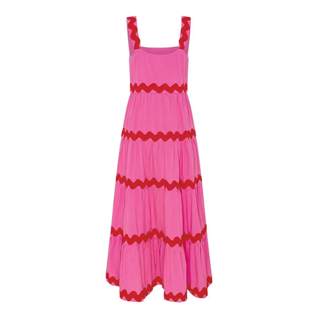 Spaghetti Strap Wave Striped Long Dress Women Square Neck Chic Contrast Sleeveless Beach Dress Flowy Large Swing Maxi Dress - Lootquake
