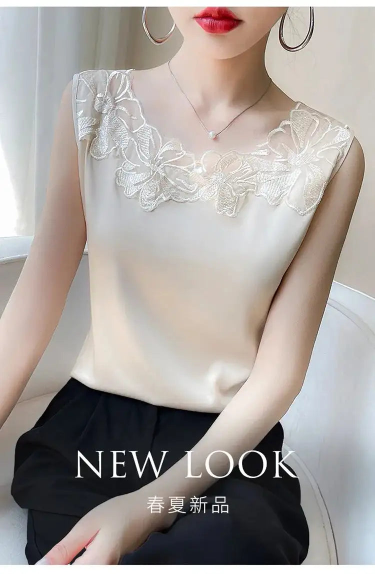 Nueva ropa de mujer, chaleco, camiseta sin mangas, traje de mujer, forro de encaje, verano 2024, nuevo top sin mangas de satén de seda, chalecos con tirantes