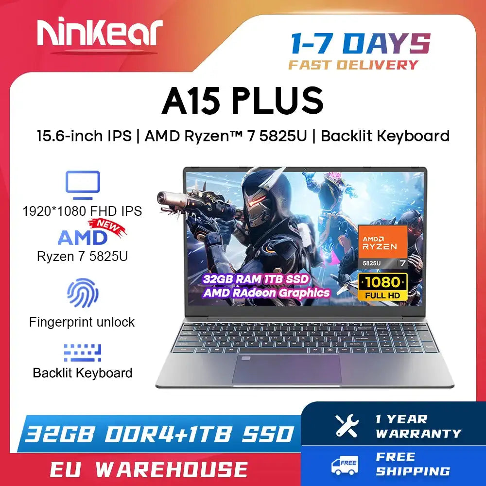 Ninkear A15 Plus Gaming  Laptop AMD Ryzen™ 7 5825U 4.5Ghz 15.6' FHD IPS 32GB DDR4 1TB SSD Backlit Keyboard Fingerprint Unlock - Lootquake