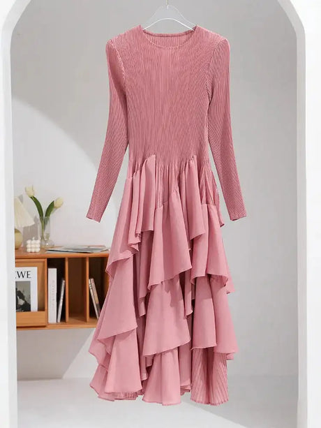 LANMREM Elegant Pleated Long Dress For Women Round Neck Long Sleeves Ruffles A-line Dresses Fashion 2025 Spring New 32C2026 - Lootquake