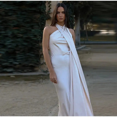 Elegant Satin Halter Slim Long Dress With Scarf Women New Sexy Backless Sleeveless Maxi Dresses Summer Lady Party Chic Vestidos - Lootquake
