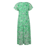 Vestidos Verano Moda 2024 Women's Swing Long Dress Chiffon Floral Short Sleeve Ruffle V Neck Fashion Waist Flowy Dress платье - Lootquake