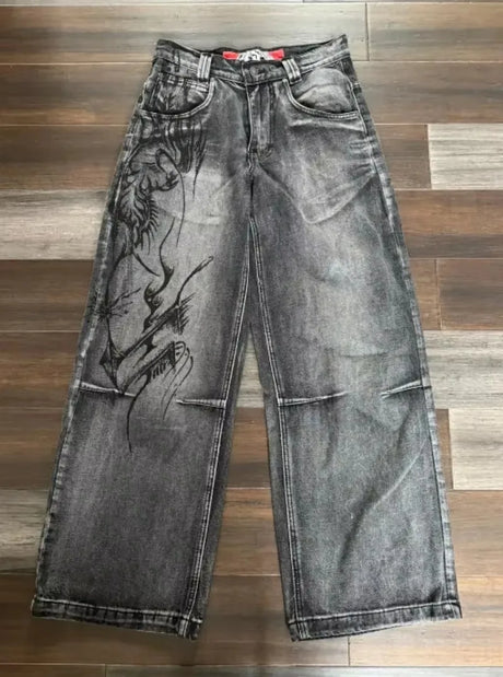 2023 New American Harajuku retro skull print straight high waist Y2K women's washed grey jeans Streetwear Gothic wide trousers - Lootquake