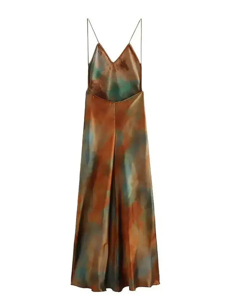 2023 New Women's Elegant Sexy Long Dress V-neck Open-back Rainbow Printing Tank Dress Sleeveless Summer Fashion - Lootquake