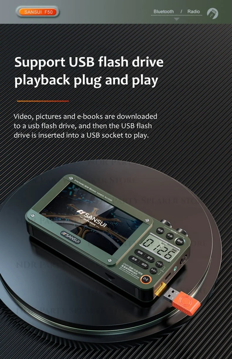 Enceintes Bluetooth sans fil SANSUI, radio pleine bande, lecteur vidéo LED HD, baladeur MP4 portable, batterie rechargeable intégrée