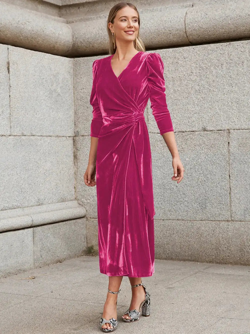 Elegant Solid Velvet Long Dress Women V-neck Wrap Long Sleeve High Waist Ruched Lace-up Birthday Dress Evening Sexy Party Vestid - Lootquake