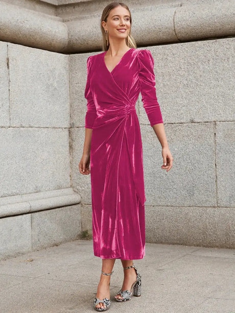 Elegant Solid Velvet Long Dress Women V-neck Wrap Long Sleeve High Waist Ruched Lace-up Birthday Dress Evening Sexy Party Vestid - Lootquake