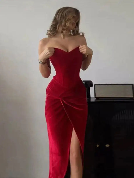 Elegant Velvet Knot Side Split Strapless Maxi Dress Women Back Bandage Off Shoulder Sleeveless Evening Long Dress Party Vestidos - Lootquake