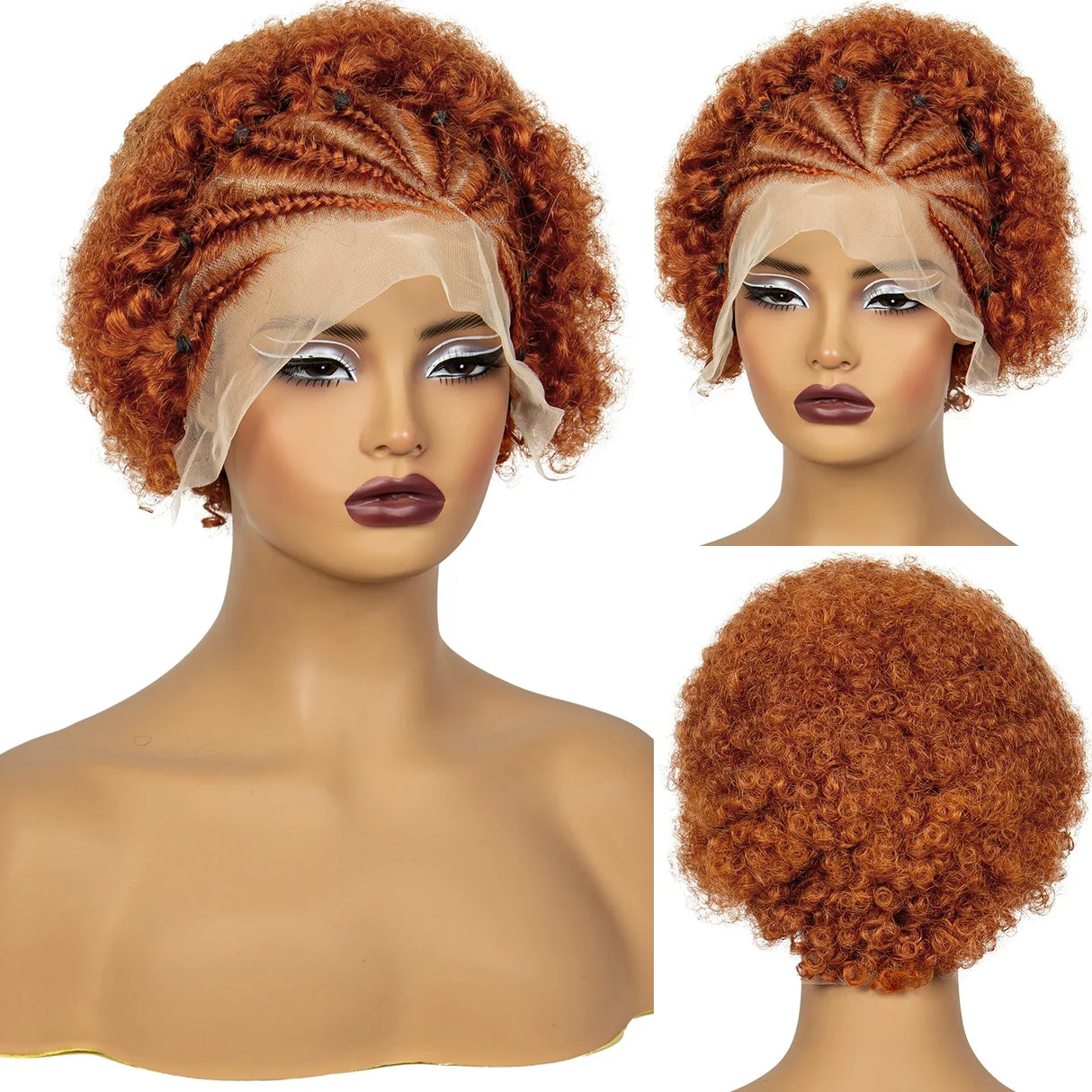350# Ginger Orange Synthetic Knotless Braided Wig | 13x4 Transparent Lace Front Short Afro Kinky Curly Braids