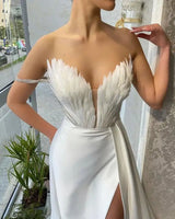 White Angel Feather Dress Luxury Design Women's Off Shoulder Elegant Long Dress Halloween Christmas Party Evening Wedding Dress - Lootquake