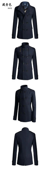 Men Slim Fit Woolen Coats Solid Color Male Casual Long Sleeve Outerwear Autumn Winter Double Breasted Mid Length Windbreaker - Lootquake