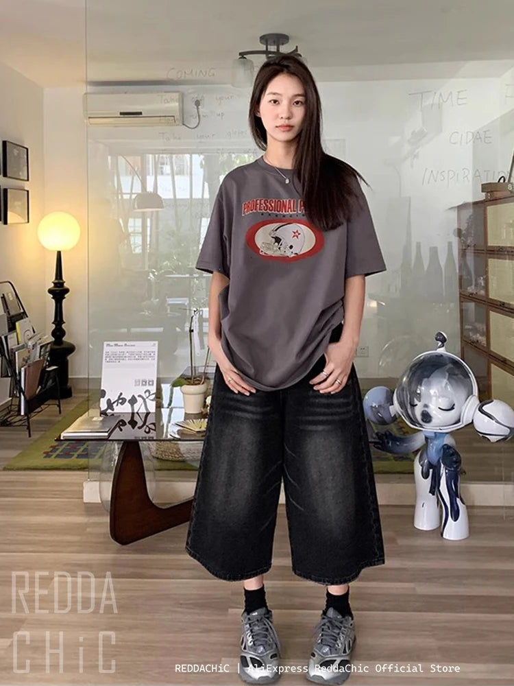 REDDACHiC Retro Y2k Baggy Jorts Women Men Whiskers Black Jeans Low Waist Casual Wide Pants Frayed Denim Shorts Big Size Clothes - Lootquake