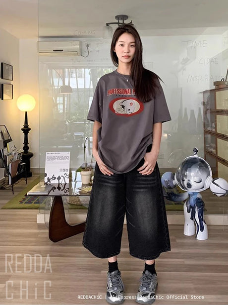 REDDACHiC Retro Y2k Baggy Jorts Women Men Whiskers Black Jeans Low Waist Casual Wide Pants Frayed Denim Shorts Big Size Clothes - Lootquake