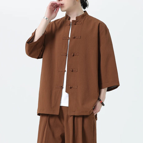 Men Chinese Style Hanfu Shirt 3/4 Sleeve Mens Loose Tops Tang Suit Solid Traditional Kung Fu Shirts Male Chinese Shirts M-5XL - Lootquake
