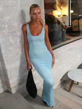 Tossy Sequin Slim Scoop Neck Maxi Dress Female Backless Glitter See-Through Sexy Patchwork Autumn Dress Women's Long Dress 2024 - Lootquake