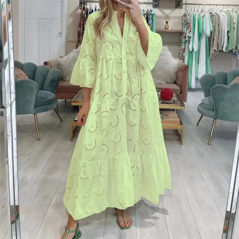 Fitshinling Cotton Long Dress Women Costume Flare Sleeve Slim A-Line Robe Fashion Hollow Out Lace Maxi Dresses Dance Wear - Lootquake