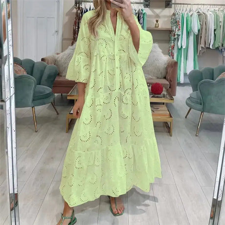 Fitshinling Cotton Long Dress Women Costume Flare Sleeve Slim A-Line Robe Fashion Hollow Out Lace Maxi Dresses Dance Wear - Lootquake