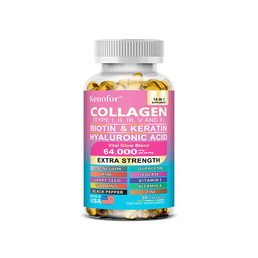 Cápsulas de colágeno 14 en 1: biotina y queratina, potenciador del cuidado de la piel, antienvejecimiento, blanqueamiento, cuidado de la piel, uñas y cabello.