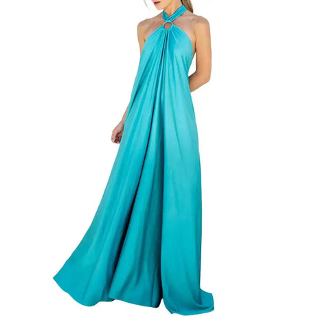 Women Dresses Solid Color Off Shoulder Backless Long Dress Neck Straps A-Line Beach Large Hem Dress Feminine Clothing - Lootquake