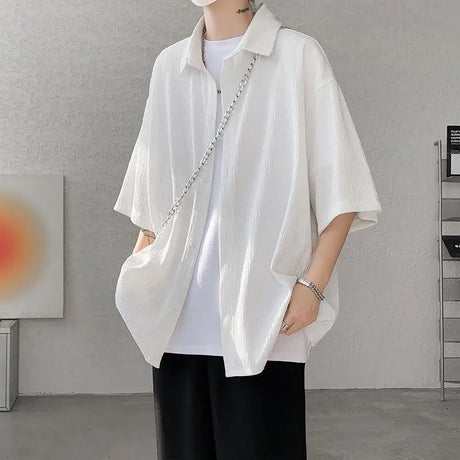 M-5XL Plus Size Mens Casual Shirt Lapel Neck Summer Streetwear Plain Color Tops Men Soft Half Sleeve Holiday Shirts Big XXXXXL - Lootquake