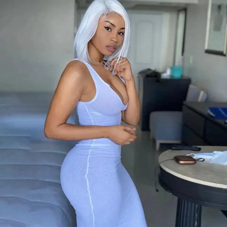 Sifreyr Ribbed V Neck Tank Long Dress Women Solid Sleeveless Bodycon Maxi Dress Sexy Streetwear Party Club Outfits Slim Sundress - Lootquake