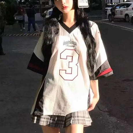 Silver 2024 New Summer Retro Number 3 Jersey for Women Street Contrasting Patchwork Mesh V-neck Oversize Short Sleeved T-shirt - Lootquake