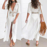 Summer Sexy Hollow Out Beach Tunic Pareo White V Neck Cover Up Long Dress Bikini Cover Up  Swimwear Bathing Suit Beachwear - Lootquake