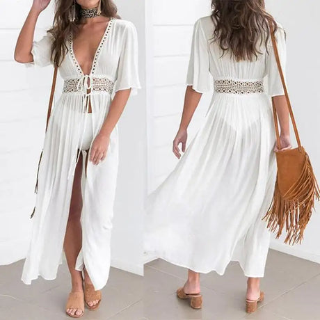 Summer Sexy Hollow Out Beach Tunic Pareo White V Neck Cover Up Long Dress Bikini Cover Up  Swimwear Bathing Suit Beachwear - Lootquake