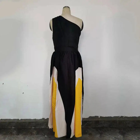 2024 Spring Summer New One Shoulder Dresses Women Splicing Print Off Shoulder Loose Long Dress Fashion Ladies Commuting Vestidos - Lootquake