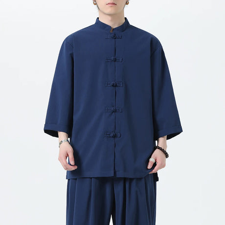 Men Chinese Style Hanfu Shirt 3/4 Sleeve Mens Loose Tops Tang Suit Solid Traditional Kung Fu Shirts Male Chinese Shirts M-5XL - Lootquake