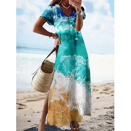 2024 Vintage Floral Elegant Maxi Dress For Women Summer Fashion V Neck Short Sleeve Split Boho Long Dress Party Beach Dresses - Lootquake