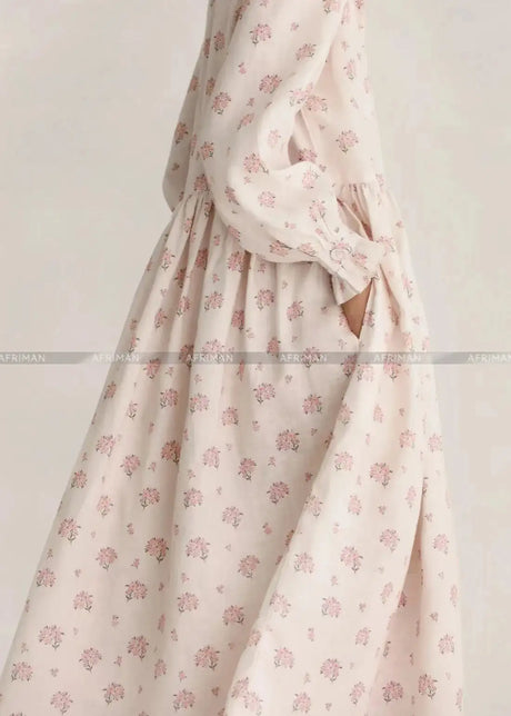 2025 New 100% Linen Flower Print Long Sleeve Tie Up Waist Loose Long Dress - Lootquake