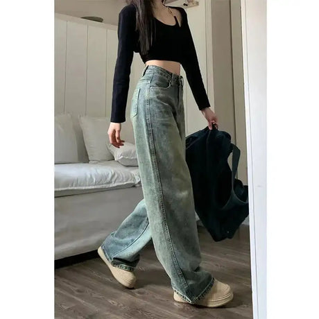 XPQBB Vintage Wide Leg Jeans for Women Streetwear High Waist Loose Straight Denim Pants Female 2024 Spring Wild Casual Trousers - Lootquake