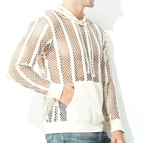 Men Mesh Shirt Transparent Long Sleeve Men Clothing Sexy Solid Party Nightclub Hooded Tops - Lootquake