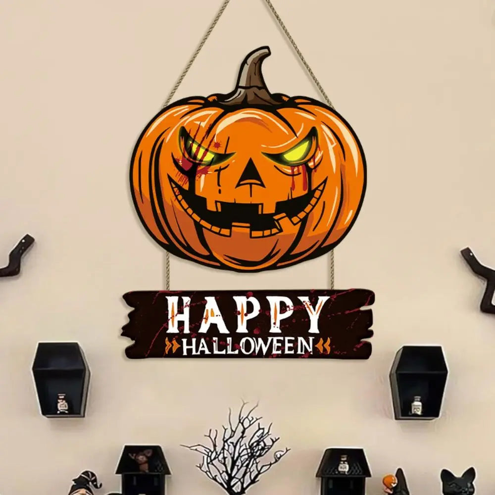 Party Decor Wooden Halloween Pumpkin Door Sign Funny Cute Pumpkin Hanger Wreath Cartoon Creative Door Hanging Pendant Kids