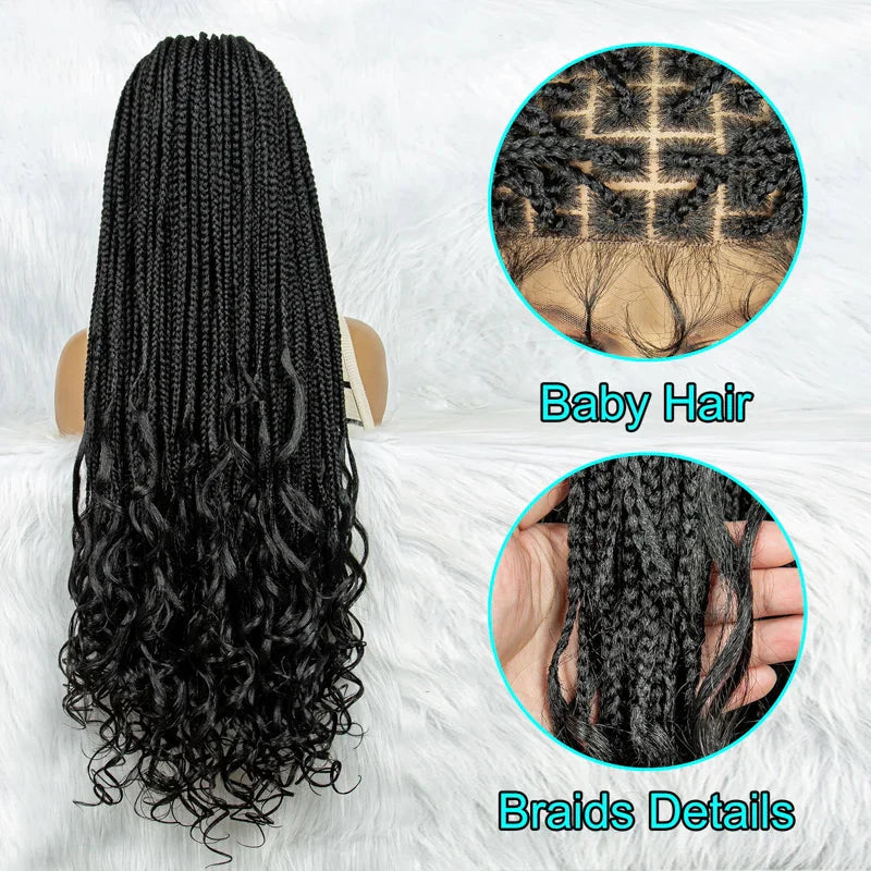 36 Inch Synthetic Braided Wigs Knotless Boho Braided Lace Wigs with Curly Ends Lace Front Braiding Hair Wig for Black Women