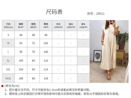 Women's Elegant And Fashionable Round Neck Sleeveless Pleated Long Dress In Solid Color Beige With Pockets, Oversized Long Skirt - Lootquake