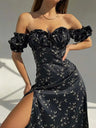 Slash neck Floral Print Split Beach Dress Women Summer Elegant Ruffles Party Long Dress Vestidos S~3XL - Lootquake