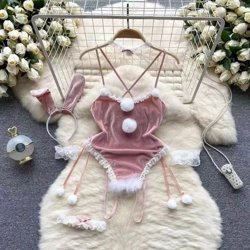 Red Christmas Sexy Lingerie Shawl Set Halter Jumpsuit Lace-up Cosplay Costume New In Women Clothes Skinny Bodysuit Suit Hotsweet - Lootquake