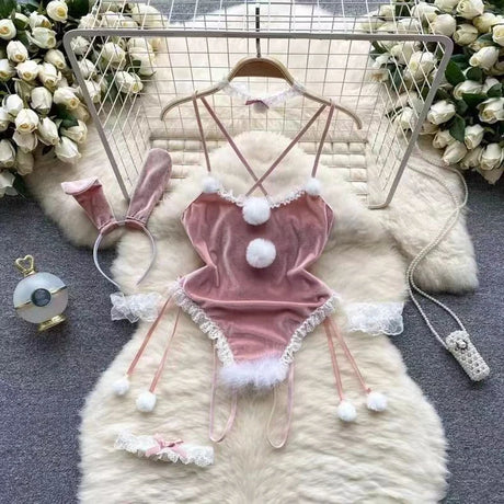 Red Christmas Sexy Lingerie Shawl Set Halter Jumpsuit Lace-up Cosplay Costume New In Women Clothes Skinny Bodysuit Suit Hotsweet - Lootquake