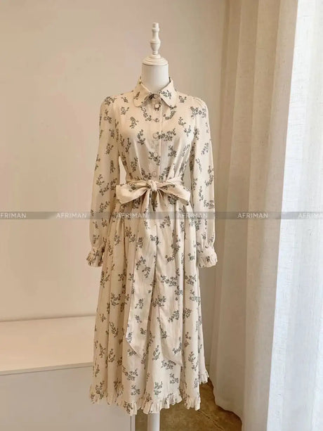 2025 New 100% Linen Flower Print Long Sleeve Tie Up Waist Loose Long Dress - Lootquake