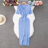 YuooMuoo 2025 New Arrival Women Knitted Long Dress Elegant V-neck Single-breasted Split Sweater Dress Office Lady Vestidos - Lootquake